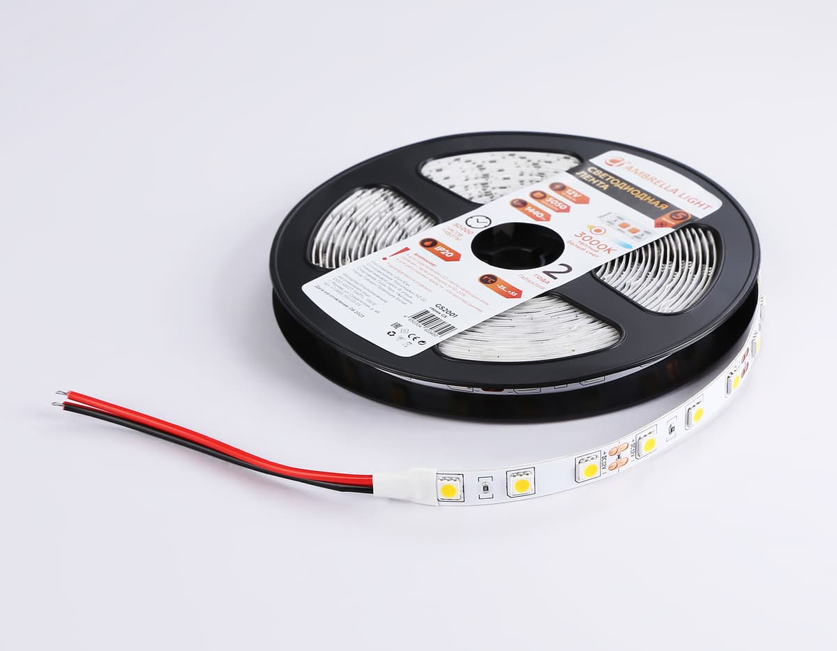 Светодиодная лента Ambrella Light GS2001 5050 60Led /14.4W m/ 12V IP20 3000K 5m GS2001 5050 60Led/ 14.4W m/ 12V IP20 3000K/ 5000*10*1.87mm (2 конт.) Ambrella Light 16