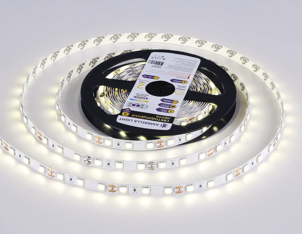 Светодиодная лента Ambrella Light GS2002 5050 60Led /14.4W m/ 12V IP20 4500K 5m GS2002 5050 60Led/ 14.4W m/ 12V IP20 4500K/ 5000*10*1.87mm (2 конт.) Ambrella Light 13
