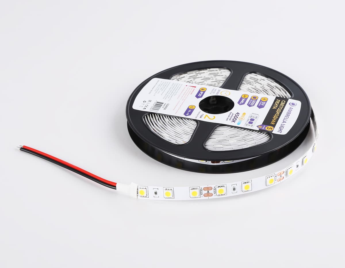 Светодиодная лента Ambrella Light GS2002 5050 60Led /14.4W m/ 12V IP20 4500K 5m GS2002 5050 60Led/ 14.4W m/ 12V IP20 4500K/ 5000*10*1.87mm (2 конт.) Ambrella Light 16
