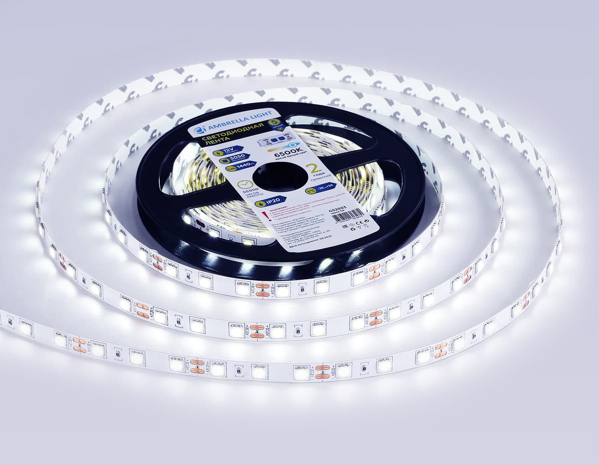 Светодиодная лента Ambrella Light GS2003 5050 60Led /14.4W m/ 12V IP20 6500K 5m GS2003 5050 60Led/ 14.4W m/ 12V IP20 6500K/ 5000*10*1.87mm (2 конт.) Ambrella Light 13