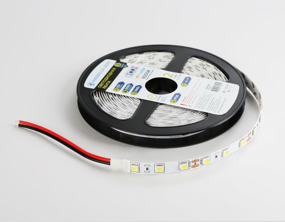 Светодиодная лента Ambrella Light GS2003 5050 60Led /14.4W m/ 12V IP20 6500K 5m GS2003 5050 60Led/ 14.4W m/ 12V IP20 6500K/ 5000*10*1.87mm (2 конт.) Ambrella Light 16