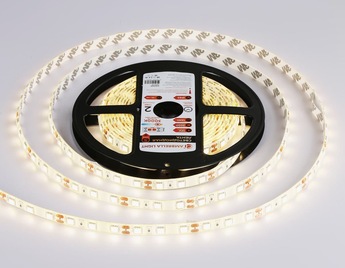 Светодиодная лента Ambrella Light GS2101 5050 60Led /14.4W m/ 12V IP65 3000K 5m GS2101 5050 60Led/ 14.4W m/ 12V IP65 3000K/ 5000*10*2.87mm (2 конт.) Ambrella Light 13