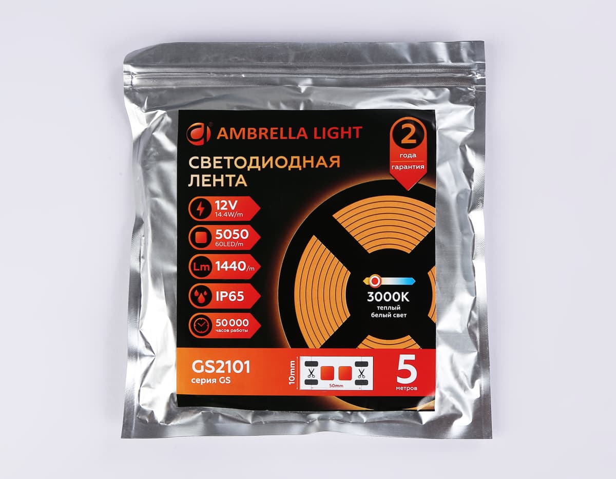 Светодиодная лента Ambrella Light GS2101 5050 60Led /14.4W m/ 12V IP65 3000K 5m GS2101 5050 60Led/ 14.4W m/ 12V IP65 3000K/ 5000*10*2.87mm (2 конт.) Ambrella Light 14