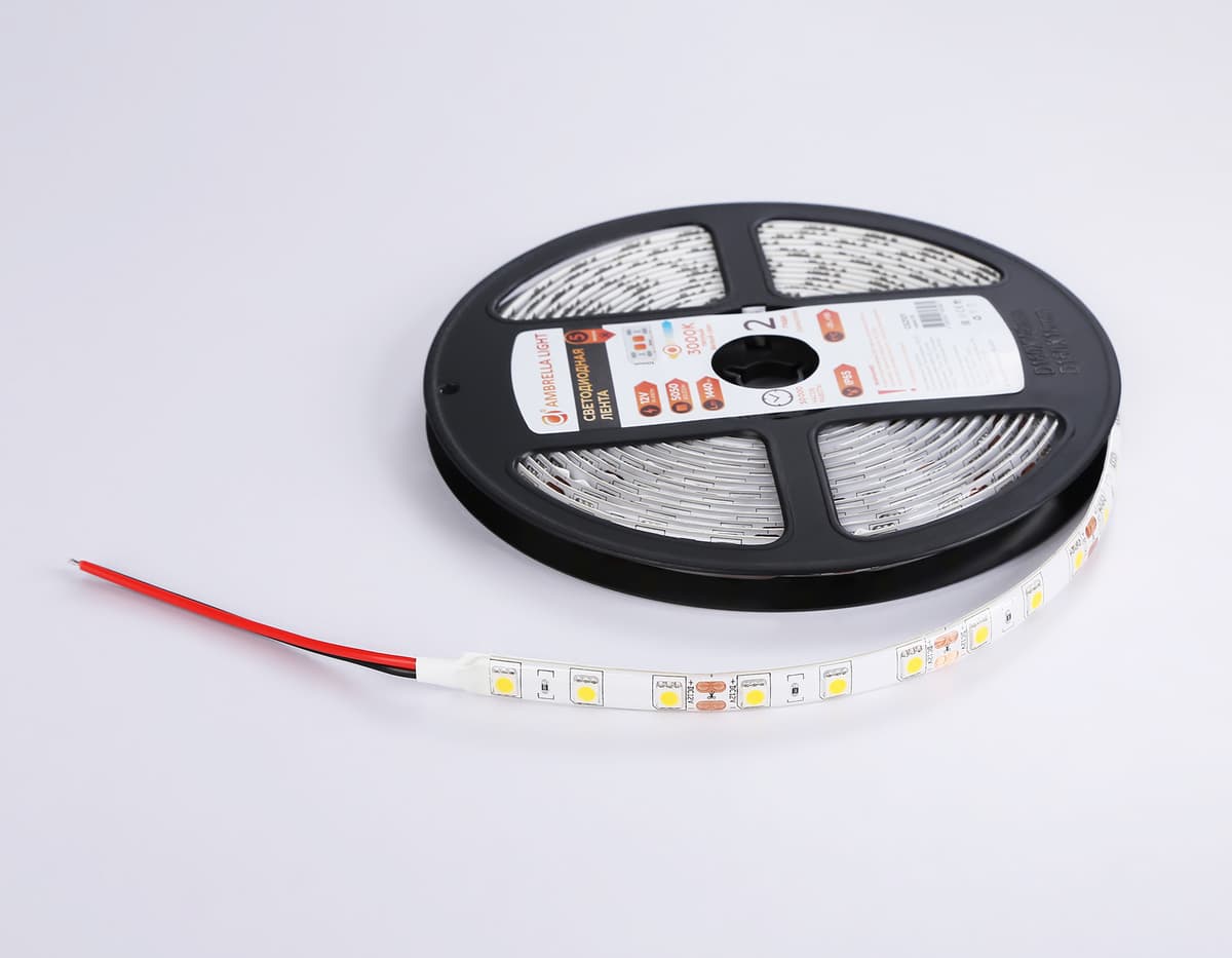 Светодиодная лента Ambrella Light GS2101 5050 60Led /14.4W m/ 12V IP65 3000K 5m GS2101 5050 60Led/ 14.4W m/ 12V IP65 3000K/ 5000*10*2.87mm (2 конт.) Ambrella Light 16