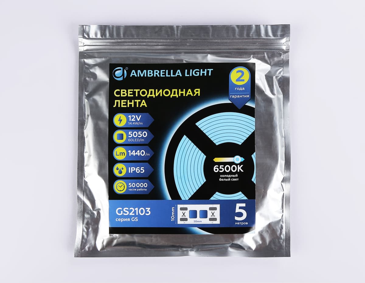 Светодиодная лента Ambrella Light GS2103 5050 60Led /14.4W m/ 12V IP65 6500K 5m GS2103 5050 60Led/ 14.4W m/ 12V IP65 6500K/ 5000*10*2.87mm (2 конт.) Ambrella Light 14