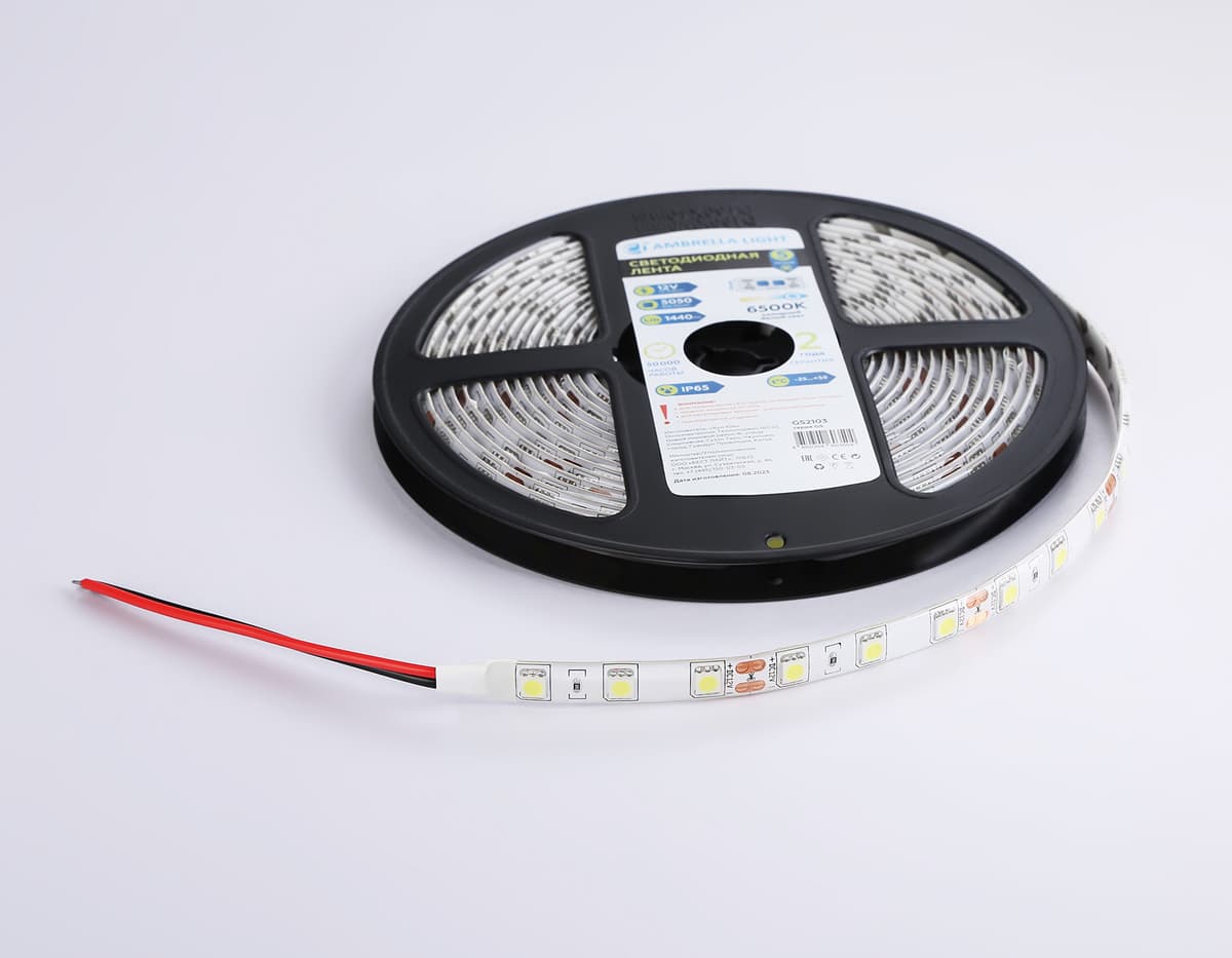 Светодиодная лента Ambrella Light GS2103 5050 60Led /14.4W m/ 12V IP65 6500K 5m GS2103 5050 60Led/ 14.4W m/ 12V IP65 6500K/ 5000*10*2.87mm (2 конт.) Ambrella Light 16