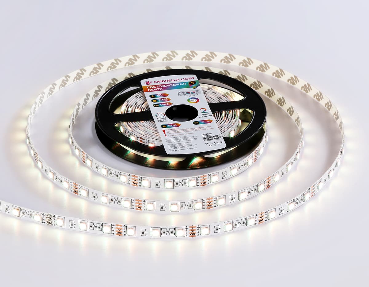 Светодиодная лента RGB Ambrella Light GS2202 5050 60Led /14.4 m/ 12V IP20 RGB 5m GS2202 5050 60Led/ 14.4 m/ 12V IP20 RGB/ 5000*10*1.87mm (4 конт.) Ambrella Light 18