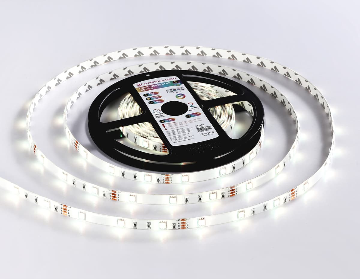 Светодиодная лента RGB Ambrella Light GS2301 5050 30Led /7.2W m/ 12V IP65 RGB 5m GS2301 5050 30Led/ 7.2W m/ 12V IP65 RGB/ 5000*10*2.87mm (4 конт.) Ambrella Light 18