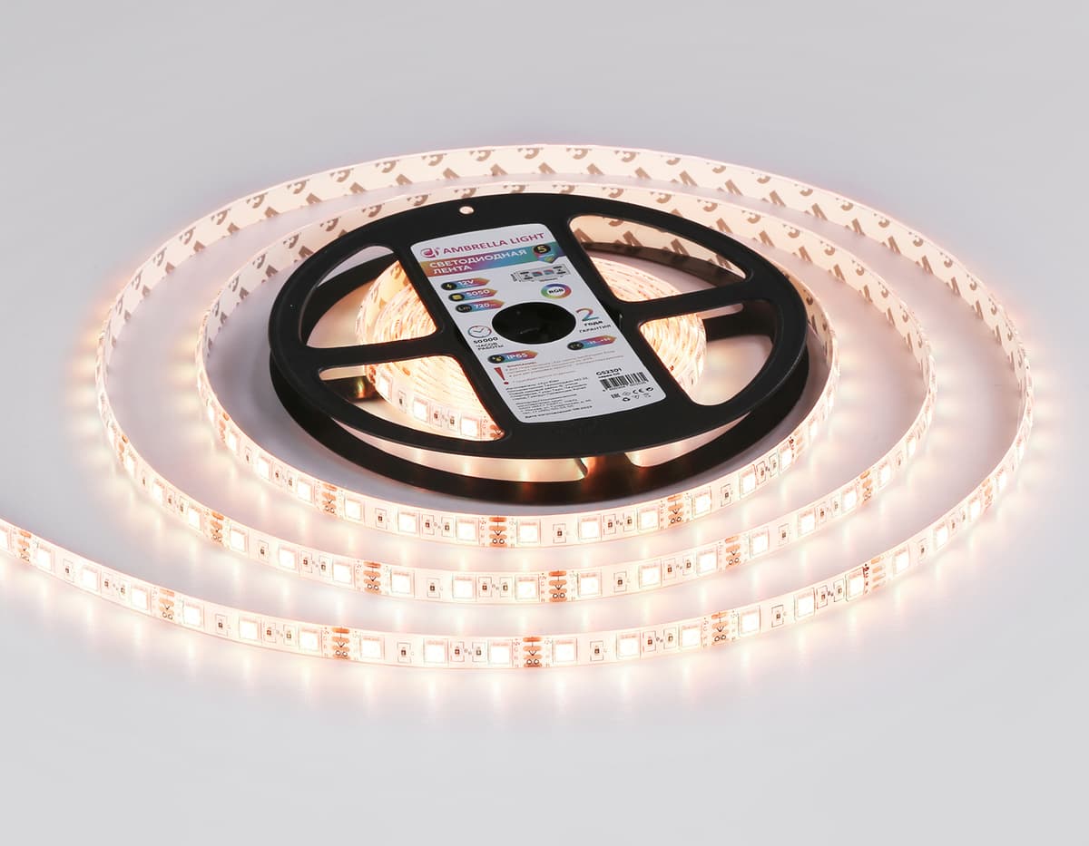 Светодиодная лента RGB Ambrella Light GS2302 5050 60Led /14.4W m/ 12V IP65 RGB 5m GS2302 5050 60Led/ 14.4W m/ 12V IP65 RGB/ 5000*10*2.87mm (4 конт.) Ambrella Light 18
