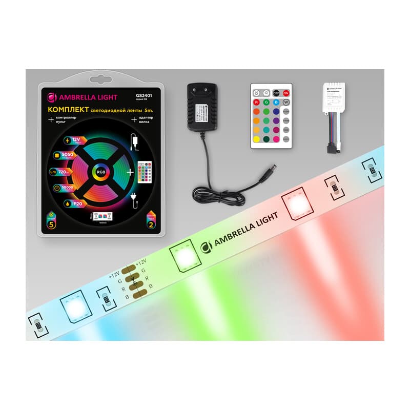 Комплект светодиодной ленты RGB Ambrella Light GS2401 5050 30Led /7.2W m/ 12V IP20 RGB 5m GS2401 5050 30Led/ 7.2W m/ 12V IP20 RGB/ 5000*10*1.87mm (4 конт.) комплект Ambrella Light 9