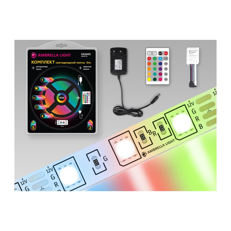Комплект светодиодной ленты RGB Ambrella Light 5m GS2402 5050 60Led /14.4W m/ 12V IP20 RGB 5m GS2402 5050 60Led/ 14.4W m/ 12V IP20 RGB/ 5000*10*1.87mm (4 конт.) комплект Ambrella Light 9