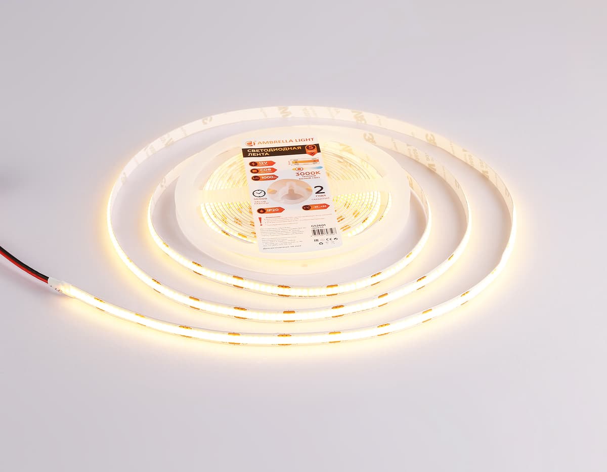 Светодиодная лента Ambrella Light GS2601 COB 320Led /10W m/ 12V IP20 3000K 5m GS2601 COB 320Led/ 10W m/ 12V IP20 3000K/ 5000*8*1.54mm (2 конт.) Ambrella Light 13