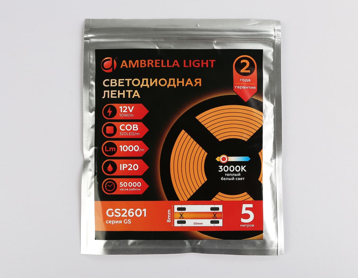 Светодиодная лента Ambrella Light GS2601 COB 320Led /10W m/ 12V IP20 3000K 5m GS2601 COB 320Led/ 10W m/ 12V IP20 3000K/ 5000*8*1.54mm (2 конт.) Ambrella Light 14