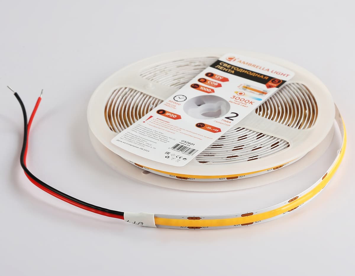 Светодиодная лента Ambrella Light GS2601 COB 320Led /10W m/ 12V IP20 3000K 5m GS2601 COB 320Led/ 10W m/ 12V IP20 3000K/ 5000*8*1.54mm (2 конт.) Ambrella Light 16