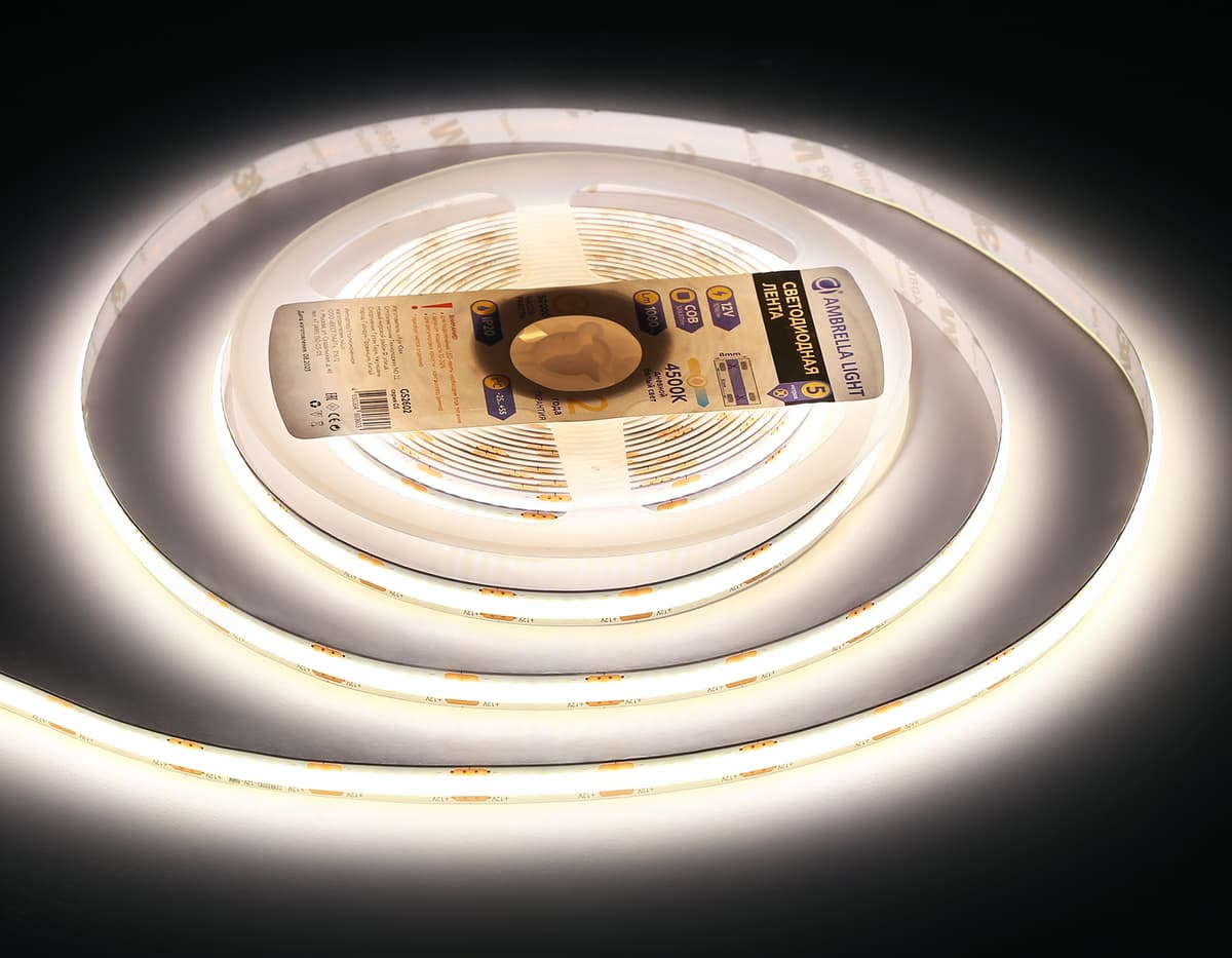 Светодиодная лента Ambrella Light GS2602 COB 320Led /10W m/ 12V IP20 4500K 5m GS2602 COB 320Led/ 10W m/ 12V IP20 4500K/ 5000*8*1.54mm (2 конт.) Ambrella Light 17