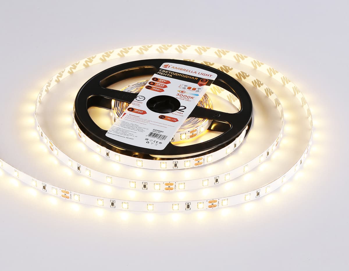 Светодиодная лента Ambrella Light GS3001 2835 60Led /6W m/ 24V IP20 3000K 5m GS3001 2835 60Led/ 6W m/ 24V IP20 3000K/ 5000*8*1.2mm (2 конт.) Ambrella Light 13