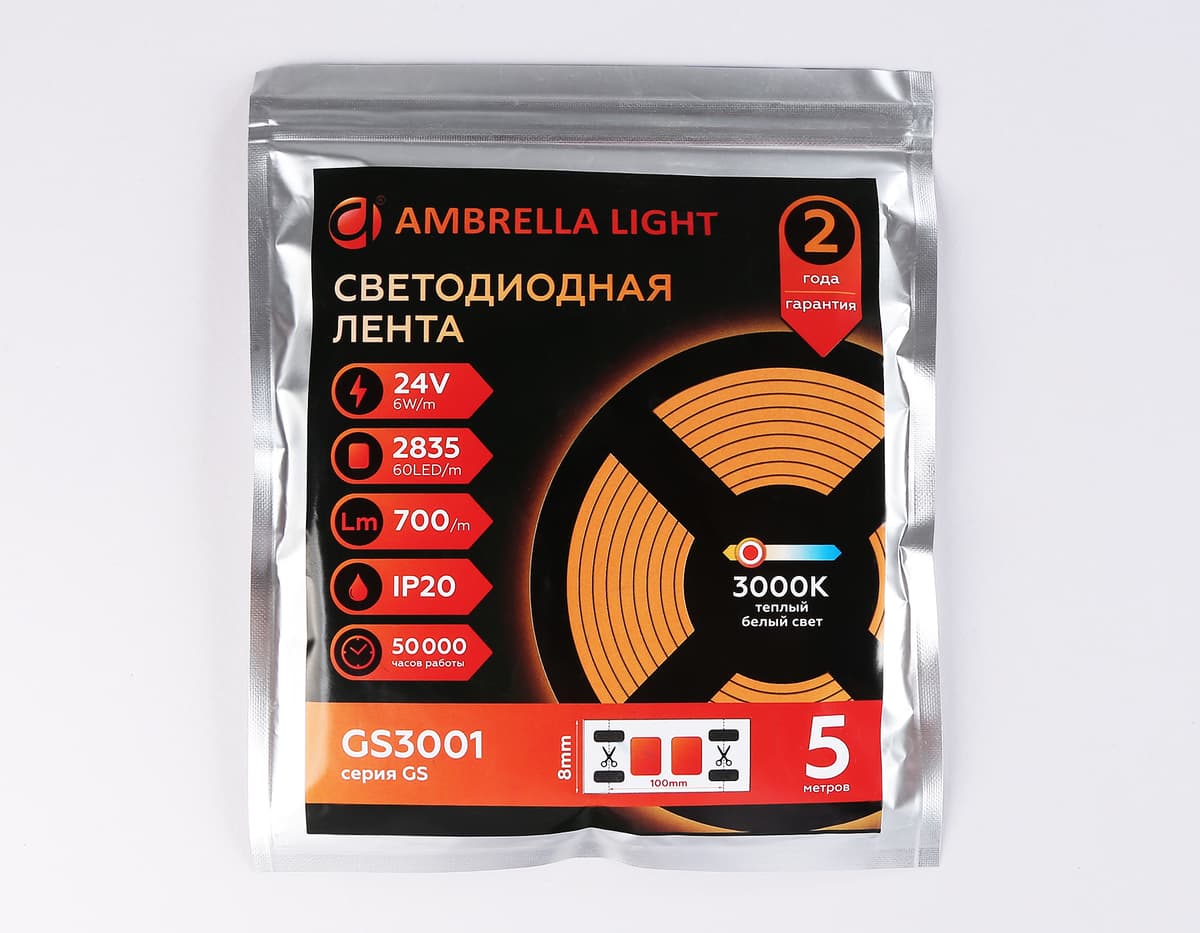 Светодиодная лента Ambrella Light GS3001 2835 60Led /6W m/ 24V IP20 3000K 5m GS3001 2835 60Led/ 6W m/ 24V IP20 3000K/ 5000*8*1.2mm (2 конт.) Ambrella Light 14