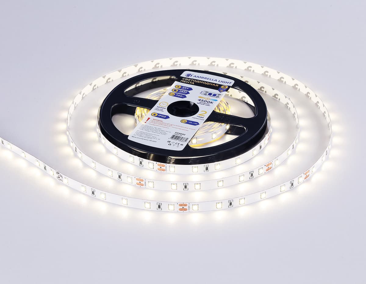 Светодиодная лента Ambrella Light GS3002 2835 60Led /6W m/ 24V IP20 4500K 5m GS3002 2835 60Led/ 6W m/ 24V IP20 4500K/ 5000*8*1.2mm (2 конт.) Ambrella Light 13