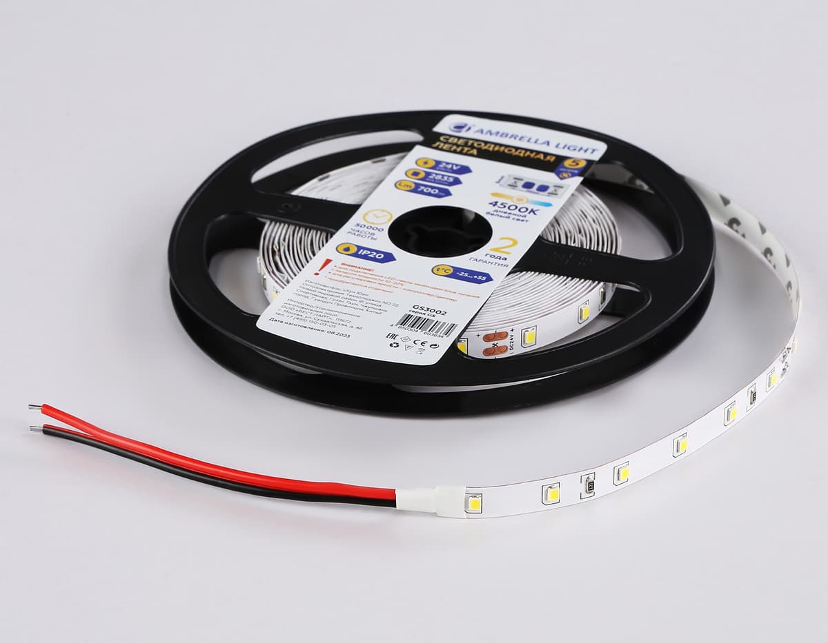 Светодиодная лента Ambrella Light GS3002 2835 60Led /6W m/ 24V IP20 4500K 5m GS3002 2835 60Led/ 6W m/ 24V IP20 4500K/ 5000*8*1.2mm (2 конт.) Ambrella Light 16