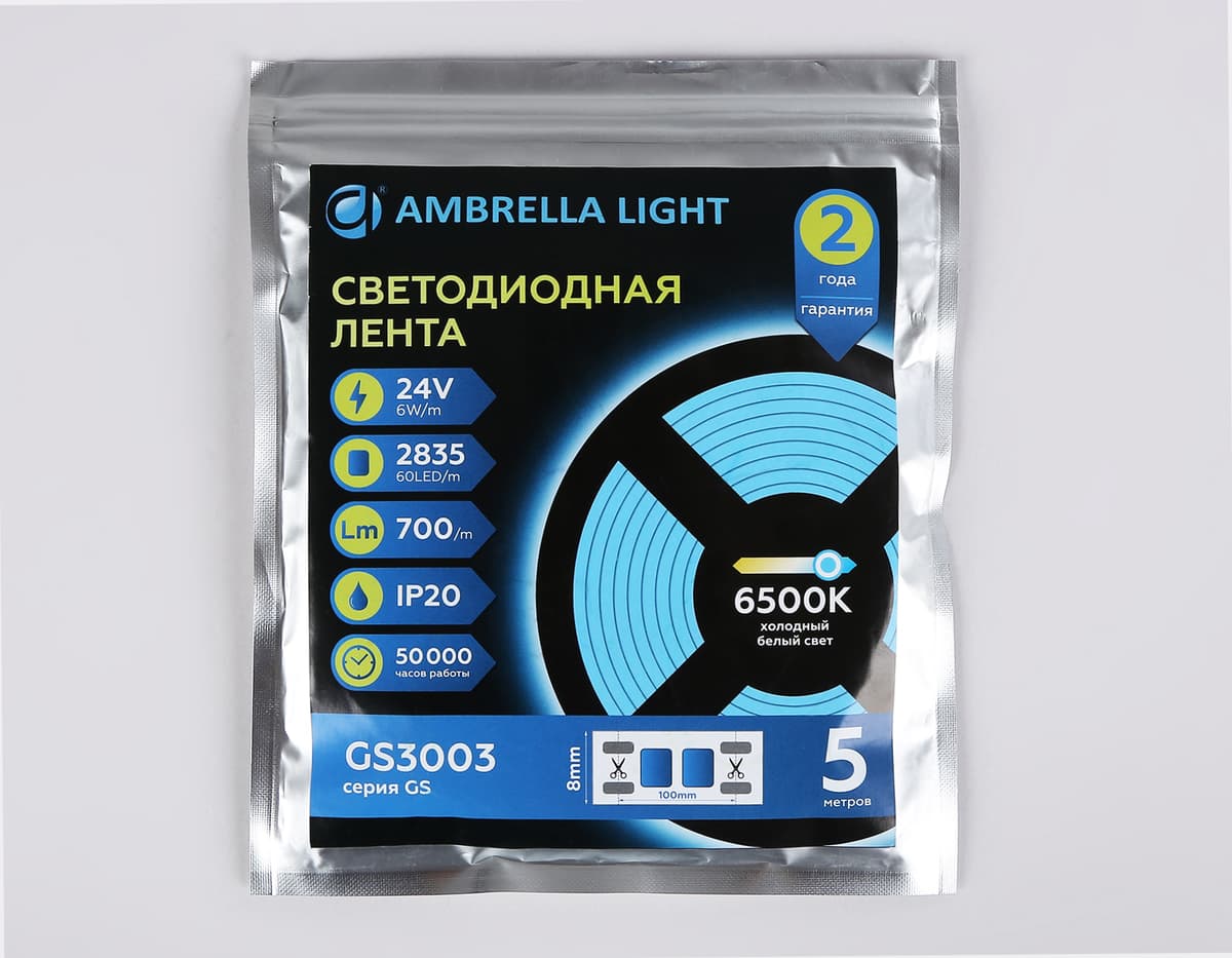 Светодиодная лента Ambrella Light GS3003 2835 60Led /6W m/ 24V IP20 6500K 5m GS3003 2835 60Led/ 6W m/ 24V IP20 6500K/ 5000*8*1.2mm (2 конт.) Ambrella Light 14