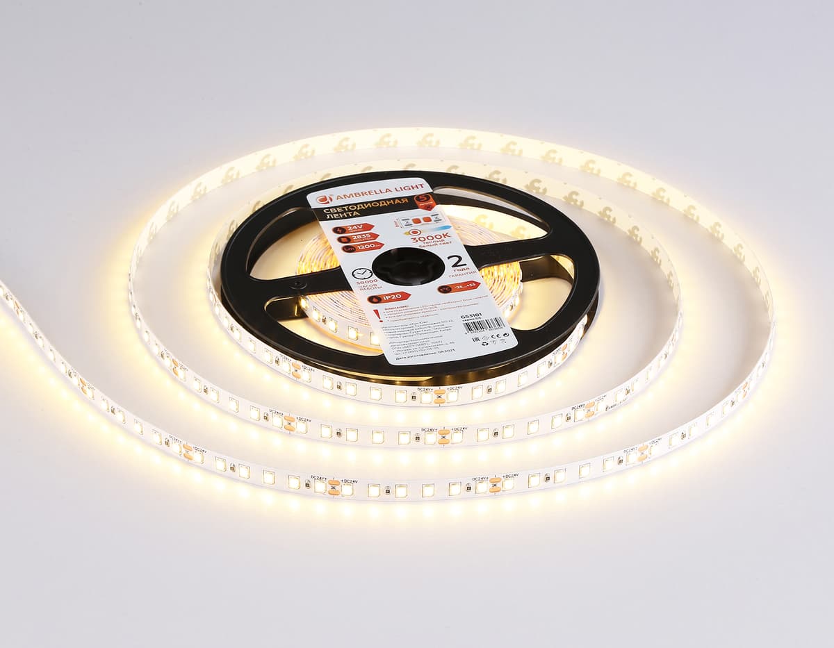Светодиодная лента Ambrella Light GS3101 2835 120Led /10W m/ 24V IP20 3000K 5m GS3101 2835 120Led/ 10W m/ 24V IP20 3000K/ 5000*8*1.2mm (2 конт.) Ambrella Light 12