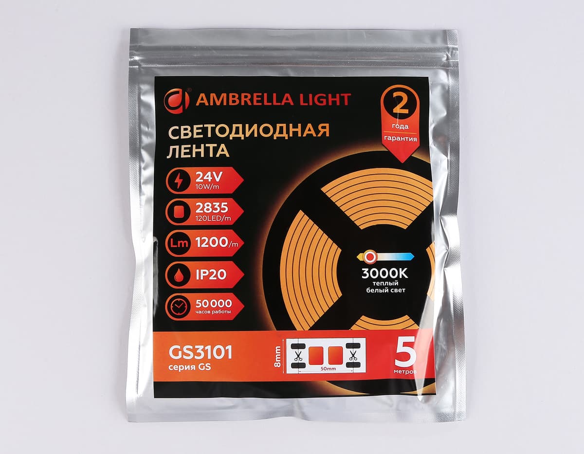 Светодиодная лента Ambrella Light GS3101 2835 120Led /10W m/ 24V IP20 3000K 5m GS3101 2835 120Led/ 10W m/ 24V IP20 3000K/ 5000*8*1.2mm (2 конт.) Ambrella Light 14