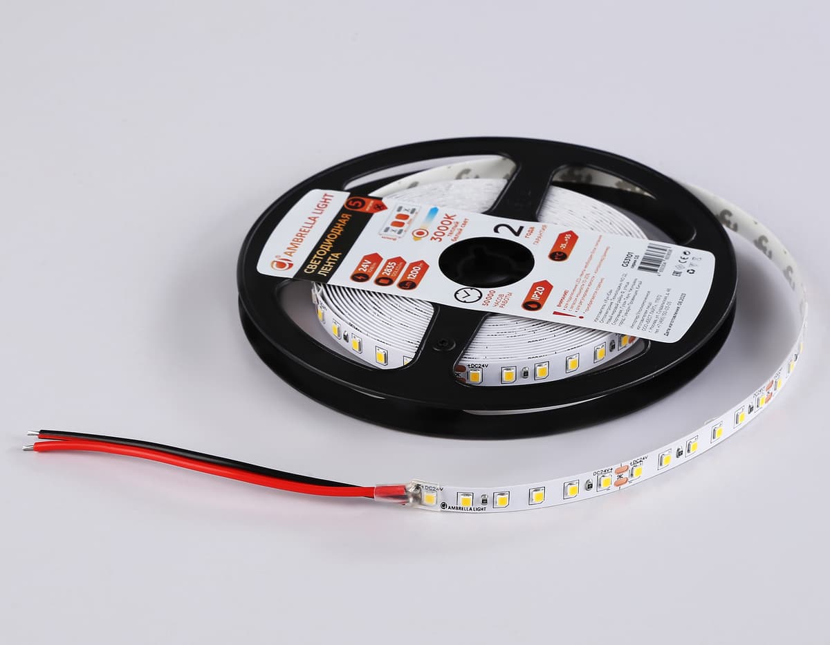 Светодиодная лента Ambrella Light GS3101 2835 120Led /10W m/ 24V IP20 3000K 5m GS3101 2835 120Led/ 10W m/ 24V IP20 3000K/ 5000*8*1.2mm (2 конт.) Ambrella Light 16