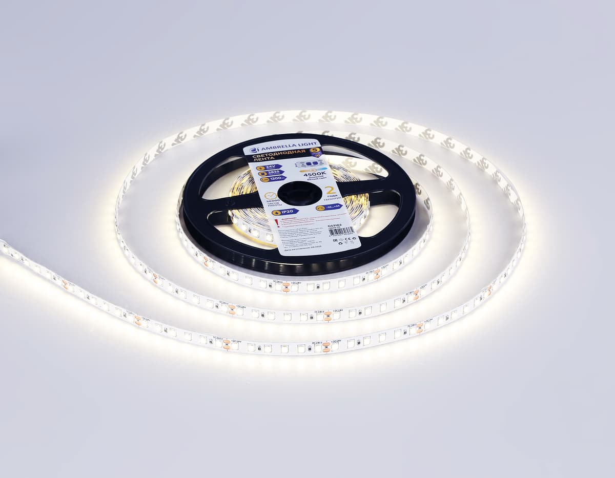 Светодиодная лента Ambrella Light GS3102 2835 120Led /10W m/ 24V IP20 4500K 5m GS3102 2835 120Led/ 10W m/ 24V IP20 4500K/ 5000*8*1.2mm (2 конт.) Ambrella Light 12