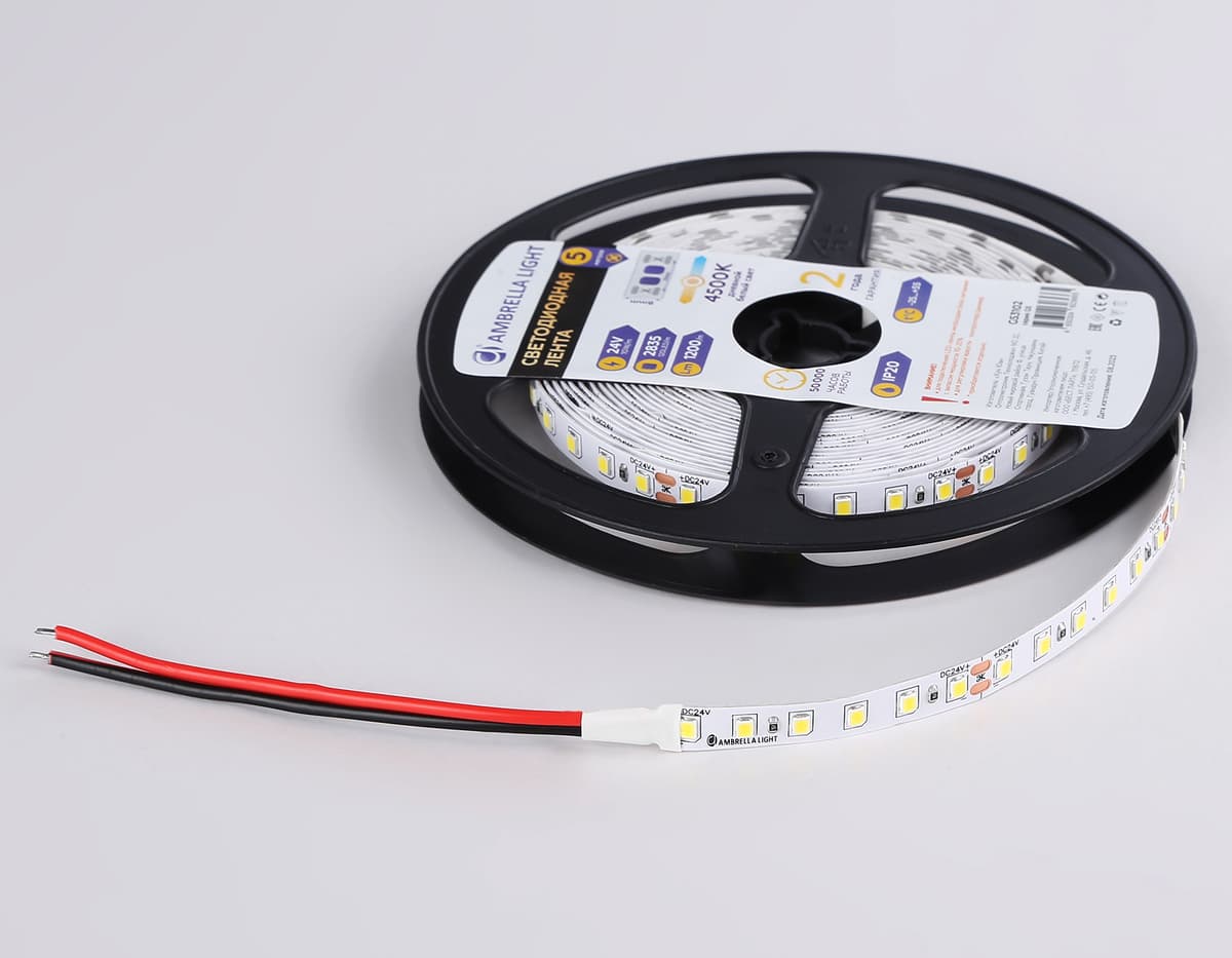 Светодиодная лента Ambrella Light GS3102 2835 120Led /10W m/ 24V IP20 4500K 5m GS3102 2835 120Led/ 10W m/ 24V IP20 4500K/ 5000*8*1.2mm (2 конт.) Ambrella Light 16