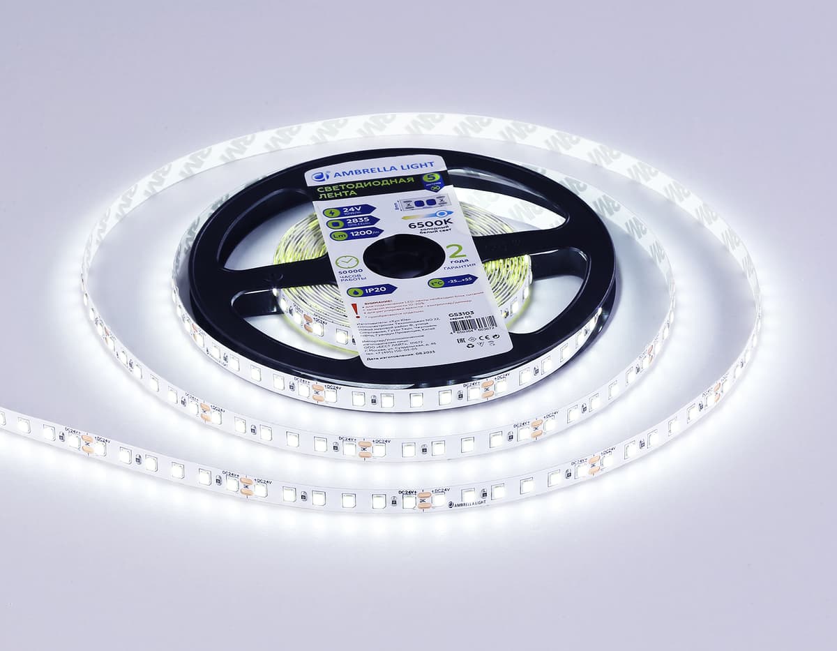 Светодиодная лента Ambrella Light GS3103 2835 120Led /10W m/ 24V IP20 6500K 5m GS3103 2835 120Led/ 10W m/ 24V IP20 6500K/ 5000*8*1.2mm (2 конт.) Ambrella Light 12