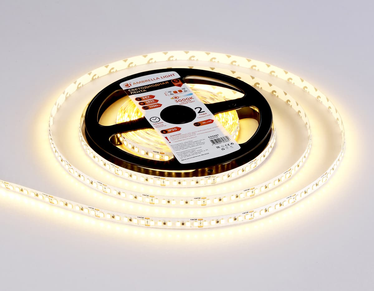 Светодиодная лента Ambrella Light GS3201 2835 180Led /14.4W m/ 24V IP20 3000K 5m GS3201 2835 180Led/ 14.4W m/ 24V IP20 3000K/ 5000*8*1.2mm (2 конт.) Ambrella Light 12
