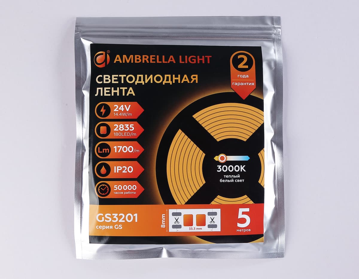 Светодиодная лента Ambrella Light GS3201 2835 180Led /14.4W m/ 24V IP20 3000K 5m GS3201 2835 180Led/ 14.4W m/ 24V IP20 3000K/ 5000*8*1.2mm (2 конт.) Ambrella Light 14