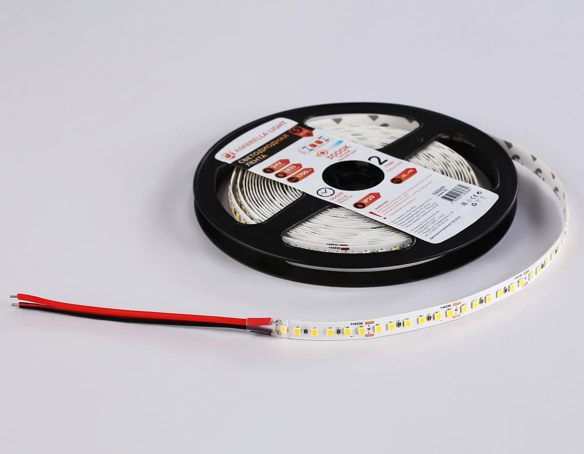 Светодиодная лента Ambrella Light GS3201 2835 180Led /14.4W m/ 24V IP20 3000K 5m GS3201 2835 180Led/ 14.4W m/ 24V IP20 3000K/ 5000*8*1.2mm (2 конт.) Ambrella Light 16