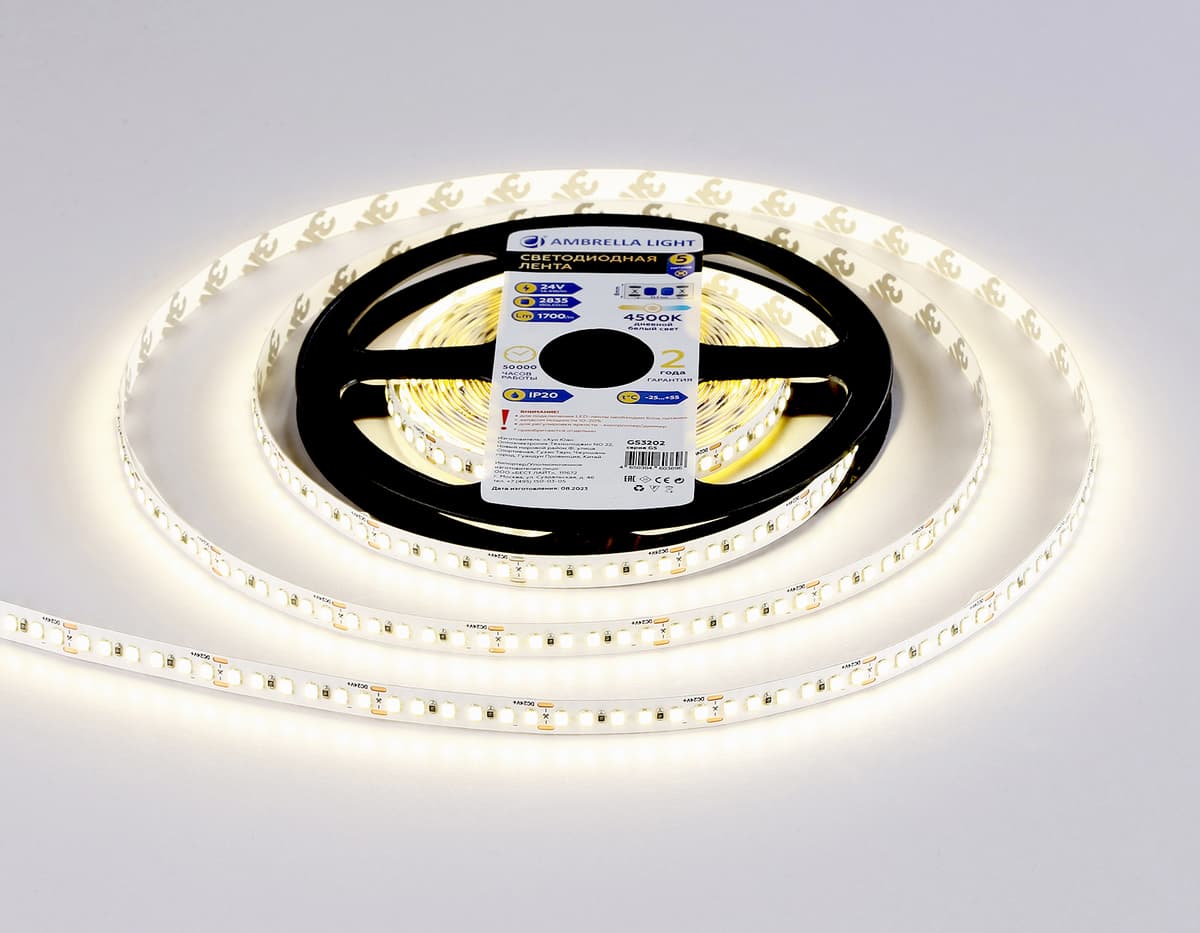 Светодиодная лента Ambrella Light GS3202 2835 180Led /14.4W m/ 24V IP20 4500K 5m GS3202 2835 180Led/ 14.4W m/ 24V IP20 4500K/ 5000*8*1.2mm (2 конт.) Ambrella Light 12