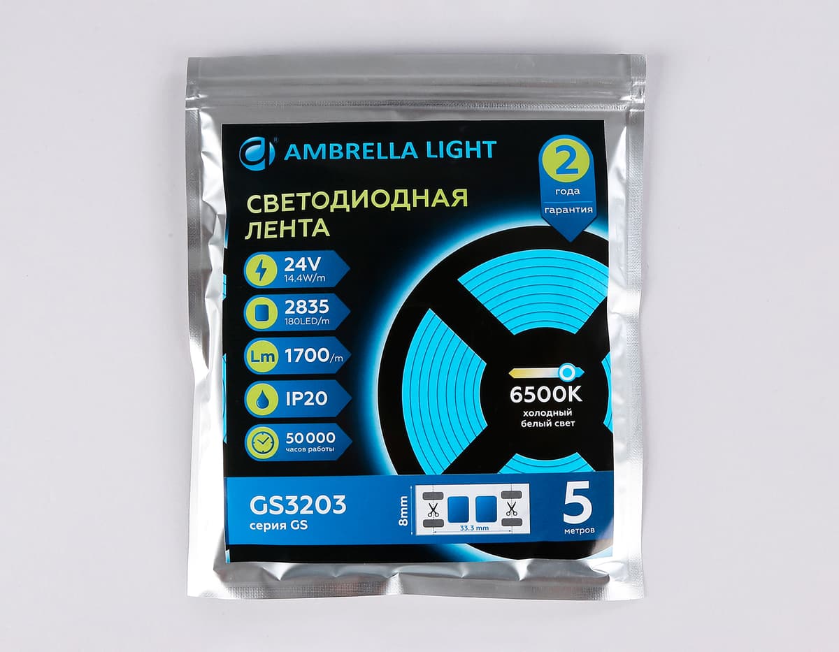 Светодиодная лента Ambrella Light GS3213 2835 180Led /14.4W m/ 24V IP20 6500K 5m GS3213 2835 180Led/ 14.4W m/ 24V IP20 6500K/ 5000*10*1.2mm (2 конт.) Ambrella Light 10