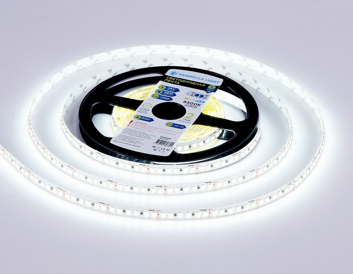 Светодиодная лента Ambrella Light GS3213 2835 180Led /14.4W m/ 24V IP20 6500K 5m GS3213 2835 180Led/ 14.4W m/ 24V IP20 6500K/ 5000*10*1.2mm (2 конт.) Ambrella Light 8