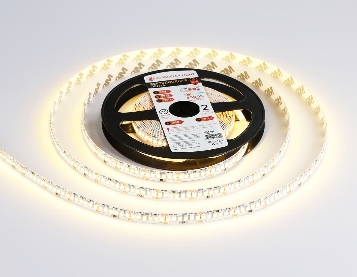 Светодиодная лента Ambrella Light GS3301 2835 240Led /18W m/ 24V IP20 3000K 5m GS3301 2835 240Led/ 18W m/ 24V IP20 3000K/ 5000*10*1.2mm (2 конт.) Ambrella Light 12
