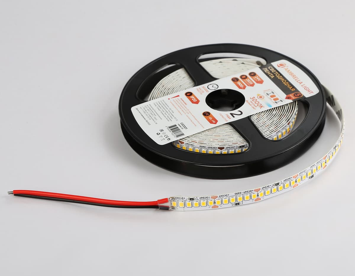 Светодиодная лента Ambrella Light GS3301 2835 240Led /18W m/ 24V IP20 3000K 5m GS3301 2835 240Led/ 18W m/ 24V IP20 3000K/ 5000*10*1.2mm (2 конт.) Ambrella Light 16