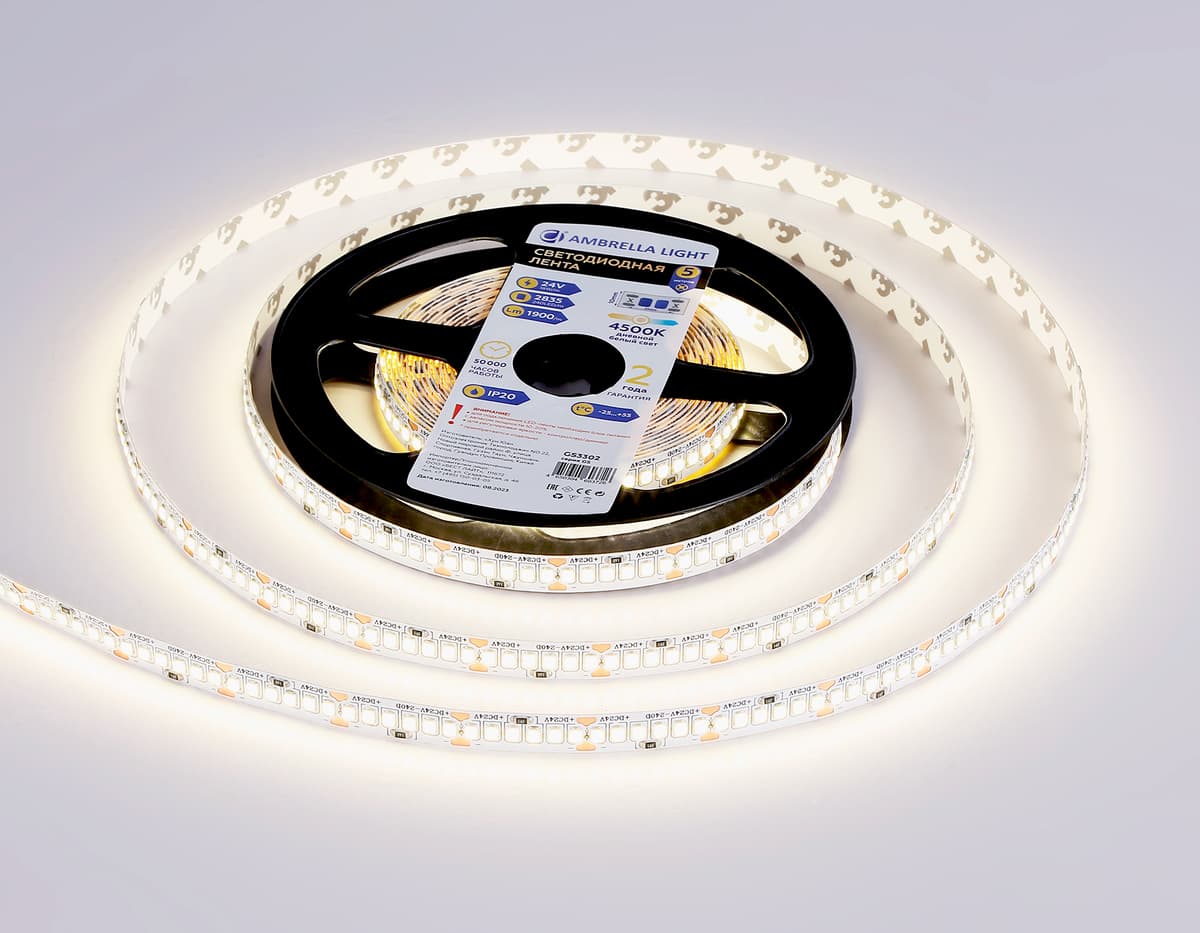 Светодиодная лента Ambrella Light GS3302 2835 240Led /18W m/ 24V IP20 4500K 5m GS3302 2835 240Led/ 18W m/ 24V IP20 4500K/ 5000*10*1.2mm (2 конт.) Ambrella Light 12