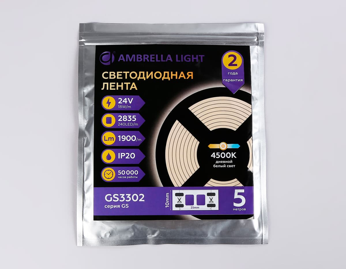 Светодиодная лента Ambrella Light GS3302 2835 240Led /18W m/ 24V IP20 4500K 5m GS3302 2835 240Led/ 18W m/ 24V IP20 4500K/ 5000*10*1.2mm (2 конт.) Ambrella Light 14