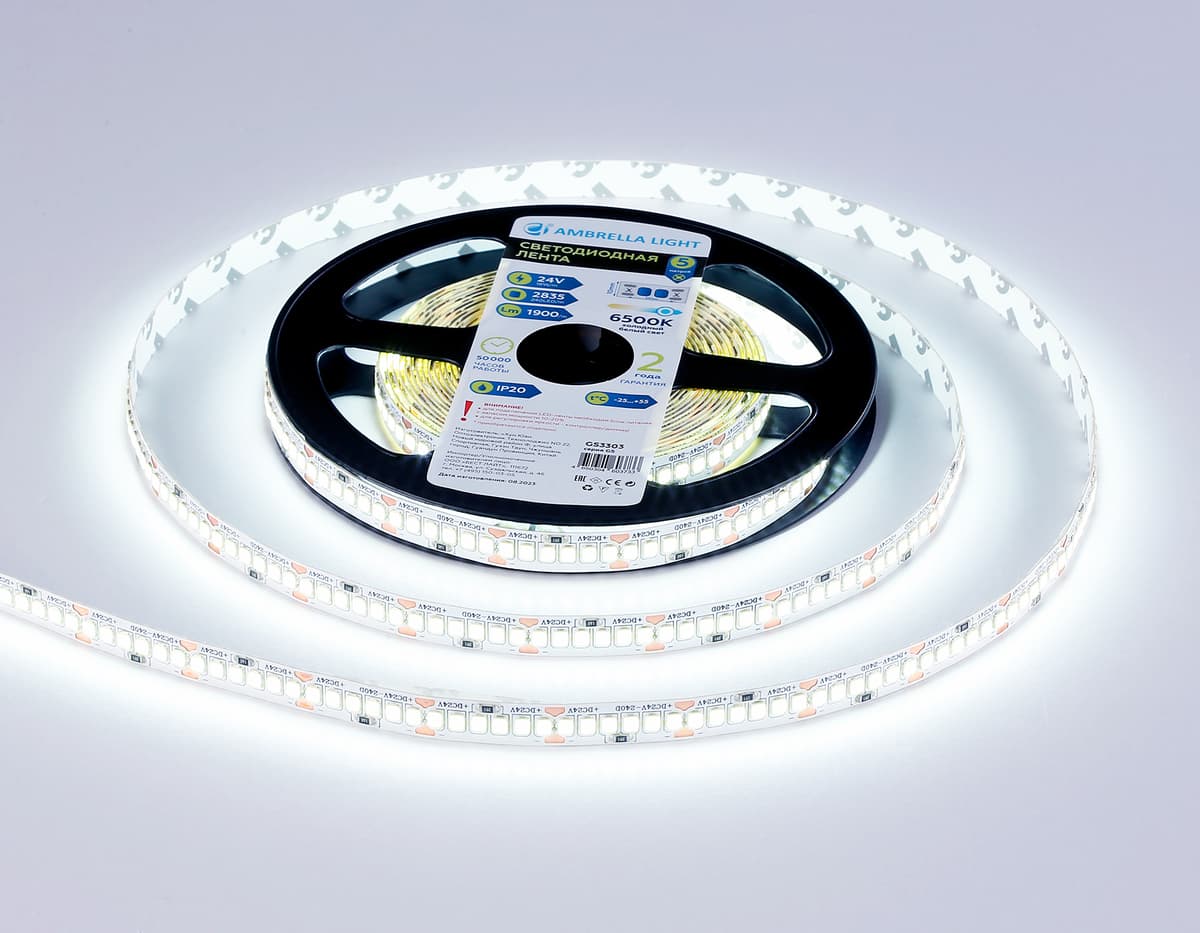Светодиодная лента Ambrella Light GS3303 2835 240Led /18W m/ 24V IP20 6500K 5m GS3303 2835 240Led/ 18W m/ 24V IP20 6500K/ 5000*10*1.2mm (2 конт.) Ambrella Light 12