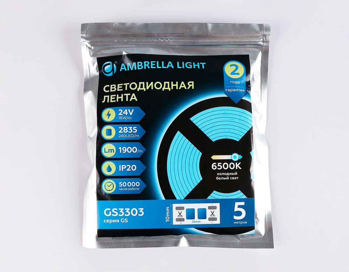 Светодиодная лента Ambrella Light GS3303 2835 240Led /18W m/ 24V IP20 6500K 5m GS3303 2835 240Led/ 18W m/ 24V IP20 6500K/ 5000*10*1.2mm (2 конт.) Ambrella Light 14