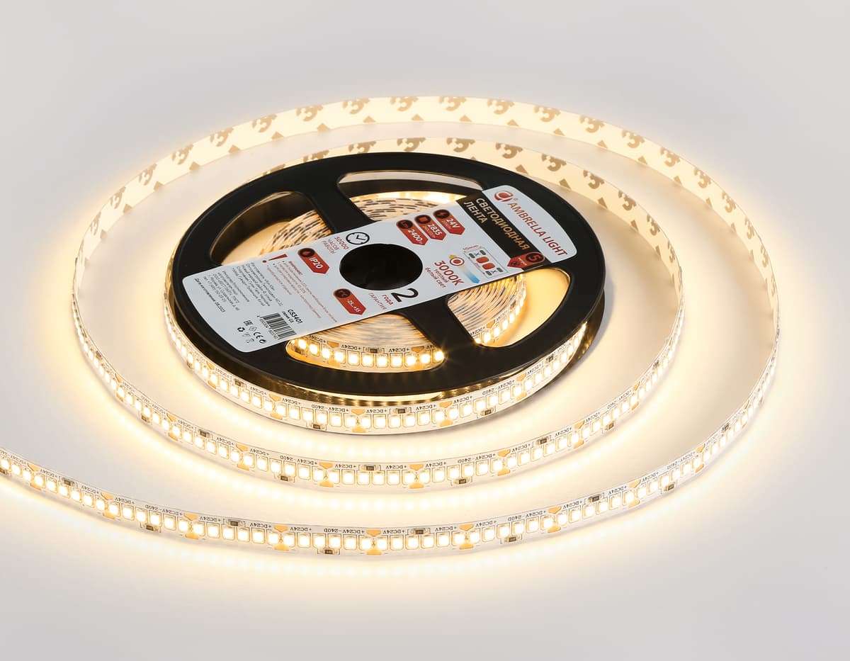 Светодиодная лента Ambrella Light GS3401 2835 240Led /20W m/ 24V IP20 3000K 5m GS3401 2835 240Led/ 20W m/ 24V IP20 3000K/ 5000*10*1.2mm (2 конт.) Ambrella Light 12