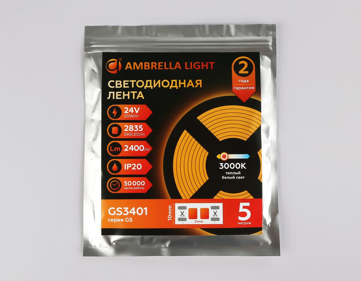 Светодиодная лента Ambrella Light GS3401 2835 240Led /20W m/ 24V IP20 3000K 5m GS3401 2835 240Led/ 20W m/ 24V IP20 3000K/ 5000*10*1.2mm (2 конт.) Ambrella Light 14