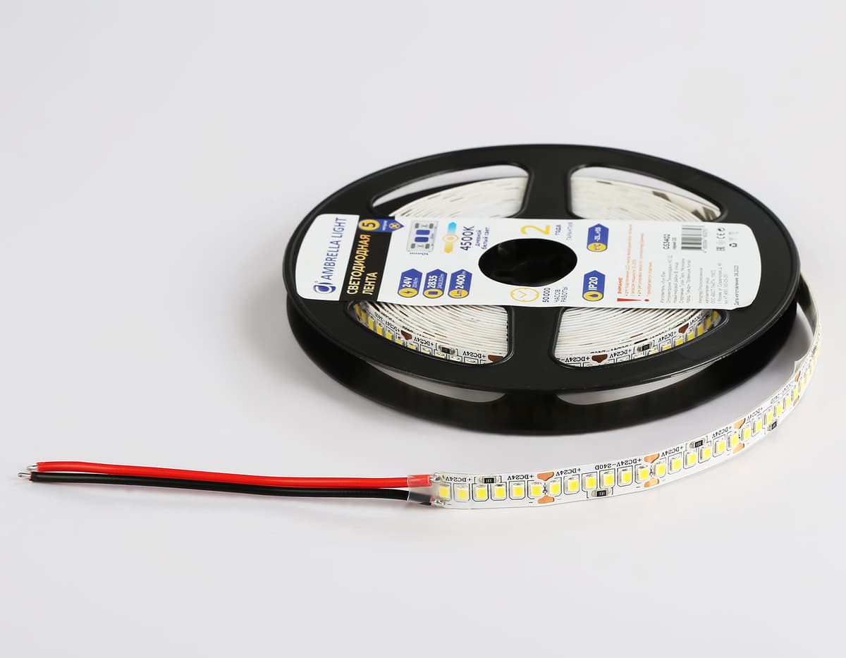 Светодиодная лента Ambrella Light GS3402 2835 240Led /20W m/ 24V IP20 4500K 5m GS3402 2835 240Led/ 20W m/ 24V IP20 4500K/ 5000*10*1.2mm (2 конт.) Ambrella Light 16