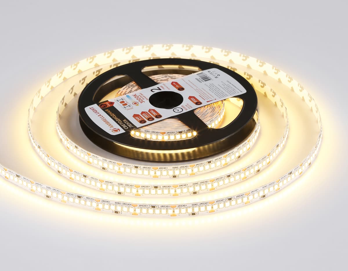 Светодиодная лента Ambrella Light GS3501 2835 240Led /22W m/ 24V IP20 3000K 5m GS3501 2835 240Led /22W m/ 24V IP20 3000K/ 5000*10*1.2mm (2 конт.) Ambrella Light 12