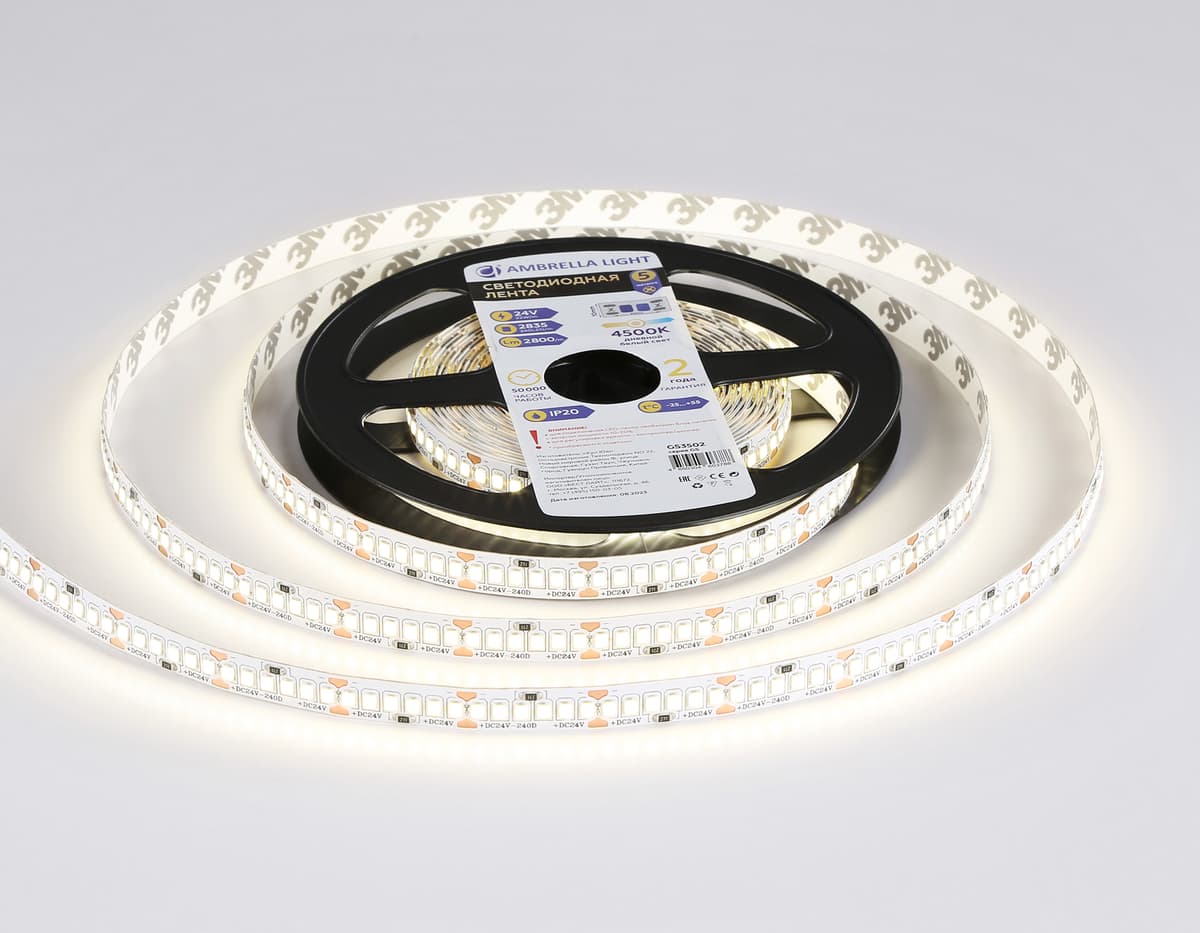 Светодиодная лента Ambrella Light GS3502 2835 240Led /22W m/ 24V IP20 4500K 5m GS3502 2835 240Led /22W m/ 24V IP20 4500K/ 5000*10*1.2mm (2 конт.) Ambrella Light 12