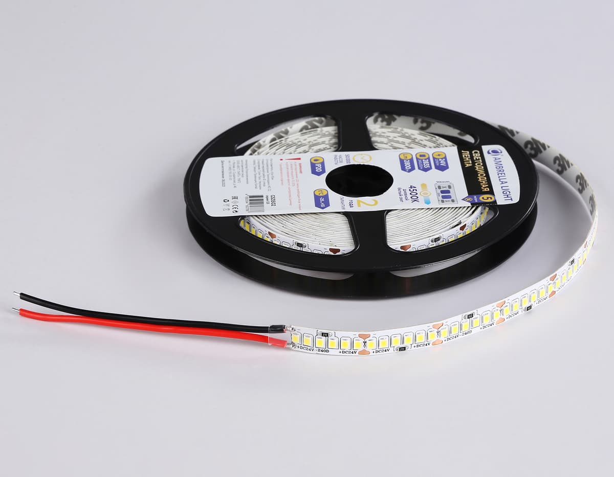 Светодиодная лента Ambrella Light GS3502 2835 240Led /22W m/ 24V IP20 4500K 5m GS3502 2835 240Led /22W m/ 24V IP20 4500K/ 5000*10*1.2mm (2 конт.) Ambrella Light 16