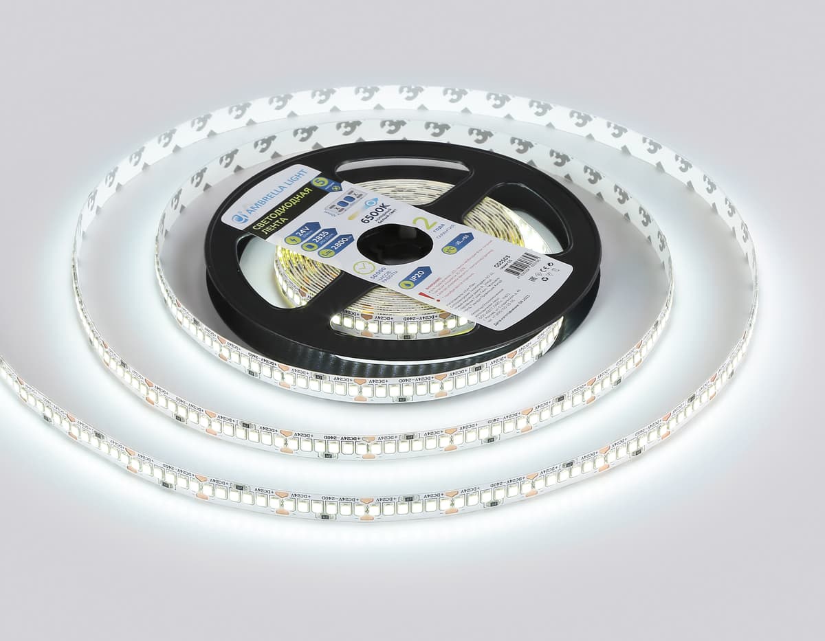 Светодиодная лента Ambrella Light GS3503 2835 240Led /22W m/ 24V IP20 6500K 5m GS3503 2835 240Led /22W m/ 24V IP20 6500K/ 5000*10*1.2mm (2 конт.) Ambrella Light 12