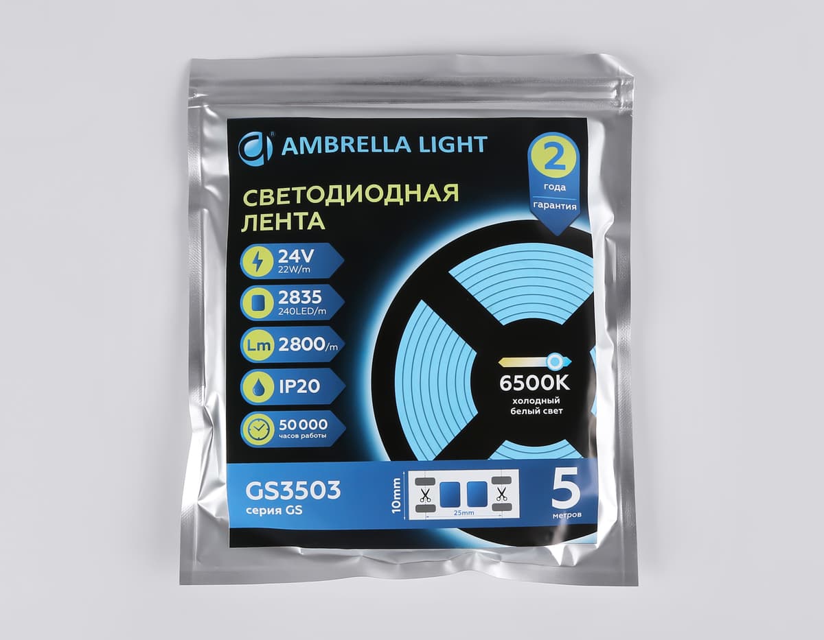 Светодиодная лента Ambrella Light GS3503 2835 240Led /22W m/ 24V IP20 6500K 5m GS3503 2835 240Led /22W m/ 24V IP20 6500K/ 5000*10*1.2mm (2 конт.) Ambrella Light 14